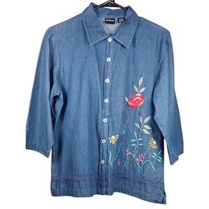 Vintage Erika Women's Medium Embroidered Floral Denim Shirt 3/4 Sleeve Button Up